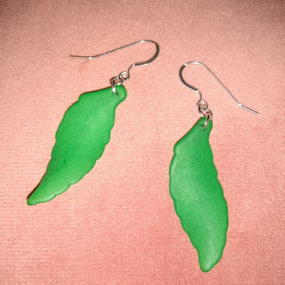 Solid 925 REAL Sterling Silver Ear Wires Green Leaves Long Leaf Earrings New - Picture 5 of 6